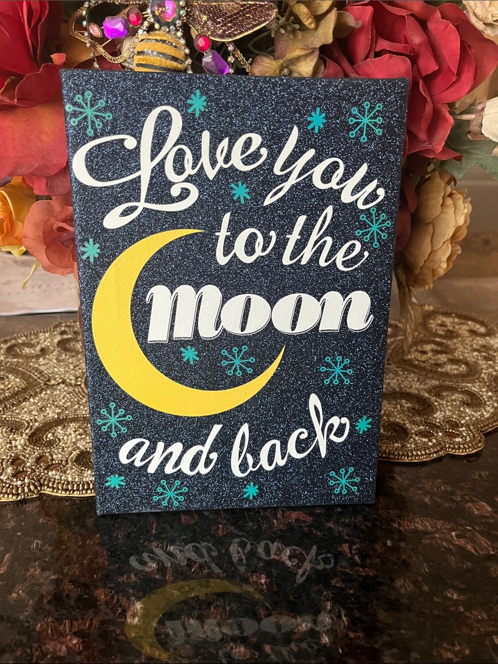 Love You to the Moon and Back Decorative Sign - Yellow Moon, Teal Accents